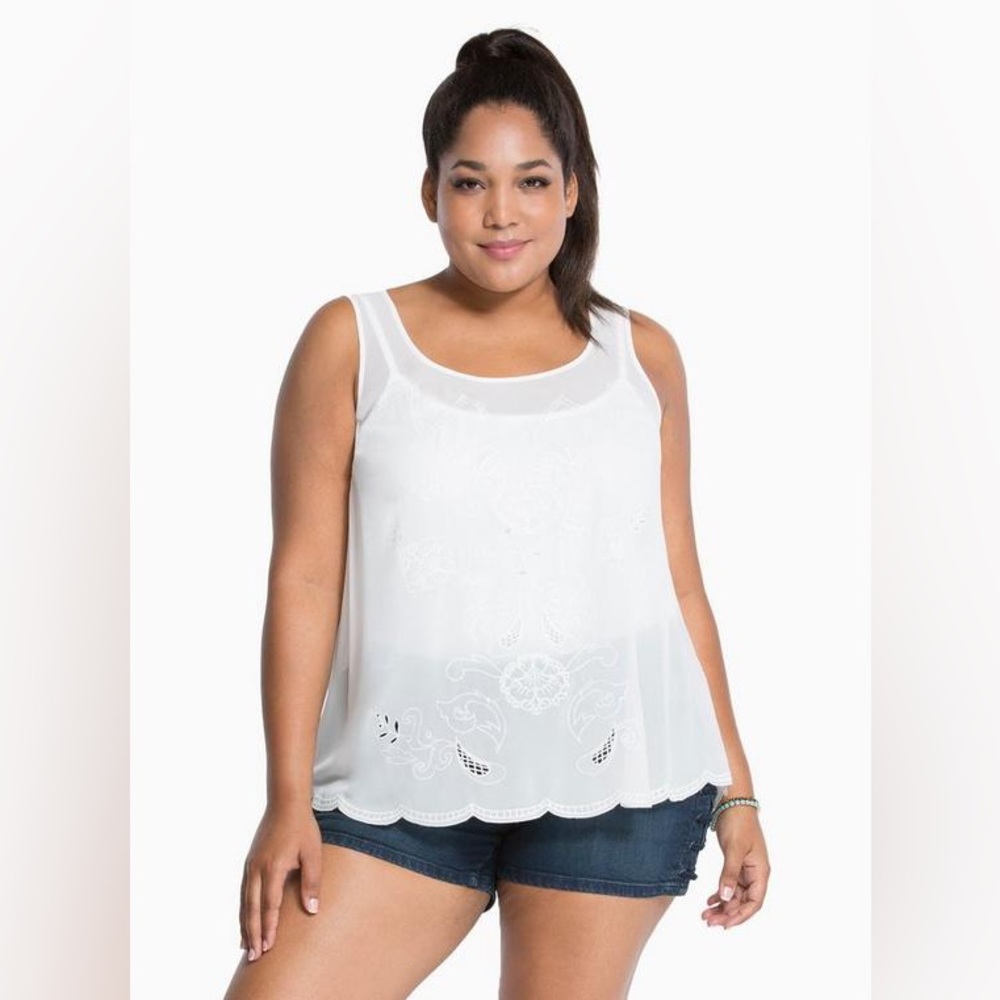 Torrid Ivory Embroidered Split Back Women’s Sheer Tank Top Size 2